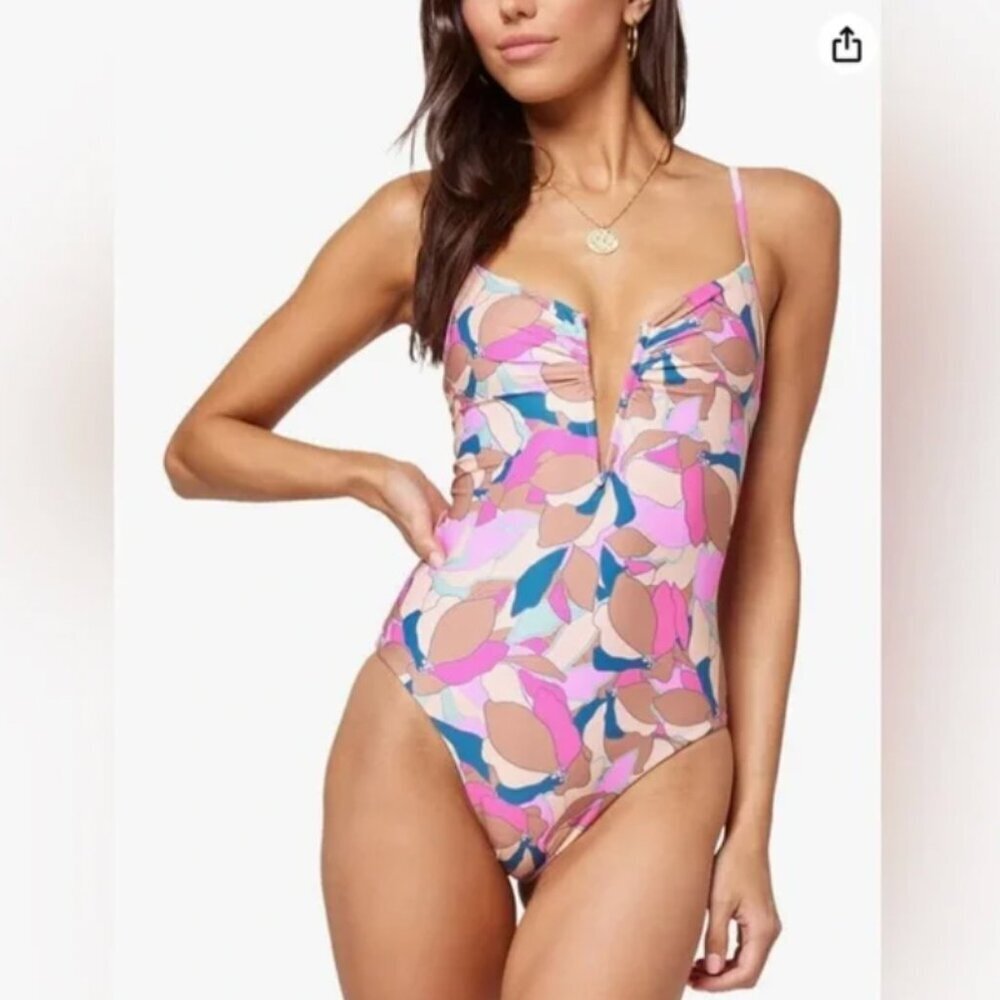 l*space Pink Multi Floral-Print Plunge One-Piece Swimsuit